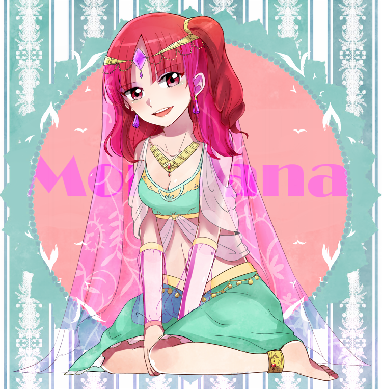 alternate_costume anklet barefoot bikini_top circlet harem_outfit jewelry long_hair magi_the_labyrinth_of_magic midriff morgiana navel necklace red_hair redhead riko_(sorube) sitting skirt smile tied_hair veil wariza