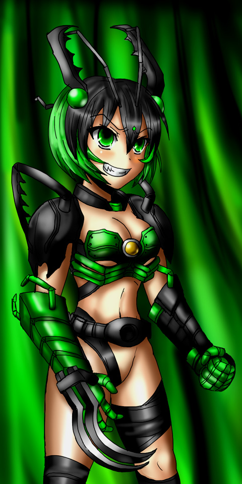 1girl bad_id black_hair breasts claws cleavage evil_grin evil_smile female genderswap greed green_eyes green_hair grin insect_girl kamen_rider kamen_rider_ooo_(series) personification sharp_teeth shousaki smile solo thigh-highs thighhighs uva villain