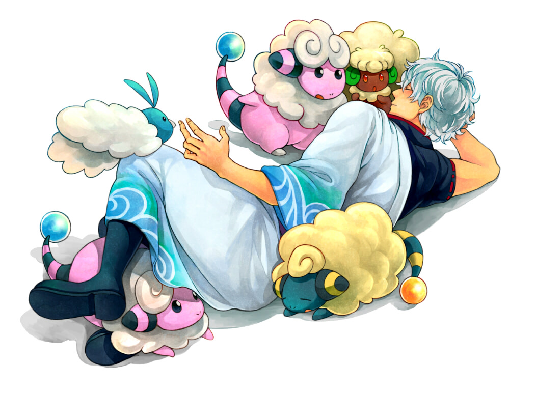 1boy crossover flaaffy gintama japanese_clothes mareep marumaru22 pokemon pokemon_(creature) sakata_gintoki sheep silver_hair sleeping swablu whimsicott