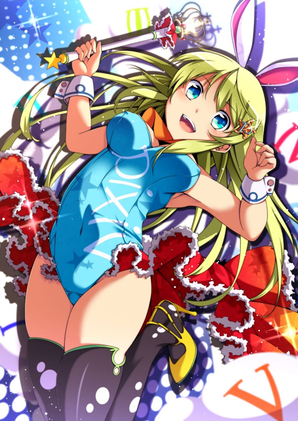 :d animal_ears black_legwear blonde_hair blue_eyes breasts bunny_ears bunnysuit dutch_angle high_heels highres holding jumping legs_up leotard long_hair open_mouth pixiv pixiv-tan rabbit_ears shoes skirt smile solo sparkle star thigh-highs thighhighs wand wrist_cuffs yuihara