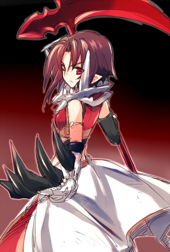 armor armored_dress black_background brown_hair claws dress expressionless gradient gradient_background hiro_(spectral_force) looking_back pointy_ears red_background red_eyes rough scythe short_hair solo spectral_(series) spectral_force spectral_vs_generation wanko_(pixiv) white_dress