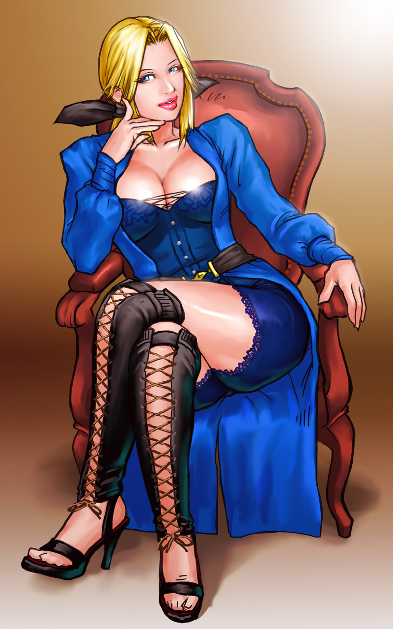 blonde_hair blue_eyes boots bow breasts chin_rest cleavage cross-laced_footwear crossed_legs dead_or_alive dead_or_alive_5 hair_bow helena_douglas high_heels highres knee_boots lace-up_boots large_breasts legs_crossed lips long_hair nose open_shoes revision shoes shorts_under_skirt sitting solo take_(draghignazzo)
