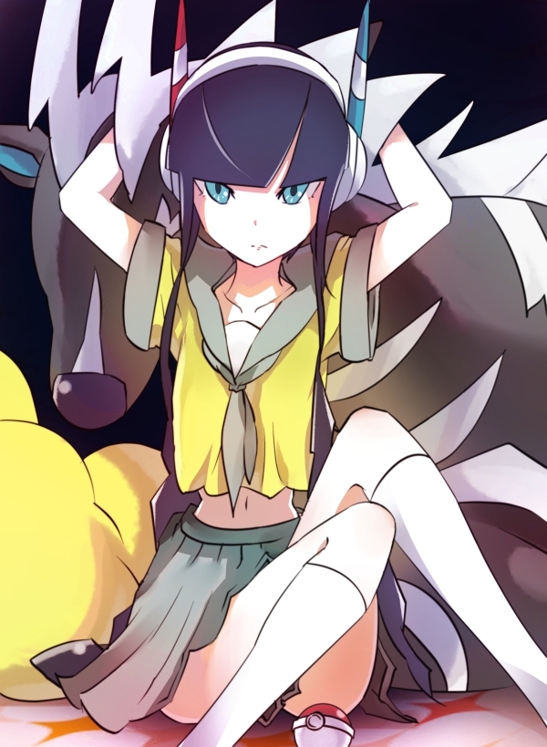 black_hair blue_eyes headphones inae_keiji inaesake kamitsure_(pokemon) long_hair poke_ball pokemon pokemon_(game) pokemon_bw2 school_uniform sitting skirt socks zebstrika