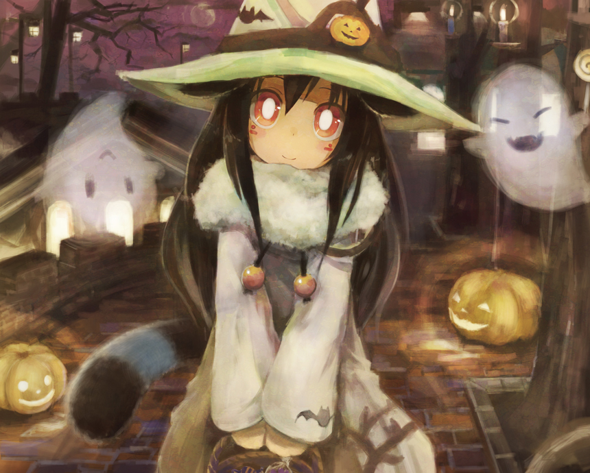 :&gt; :d ^_^ animal_ears basket black_hair blonde_hair candle closed_eyes eyes_closed fangs ghost halloween hat holding jack-o'-lantern jack-o'-lantern lamppost long_hair looking_at_viewer open_mouth original paprika_shikiso pumpkin pumpkin_hair_ornament red_eyes rough scarf smile solo tail witch_hat