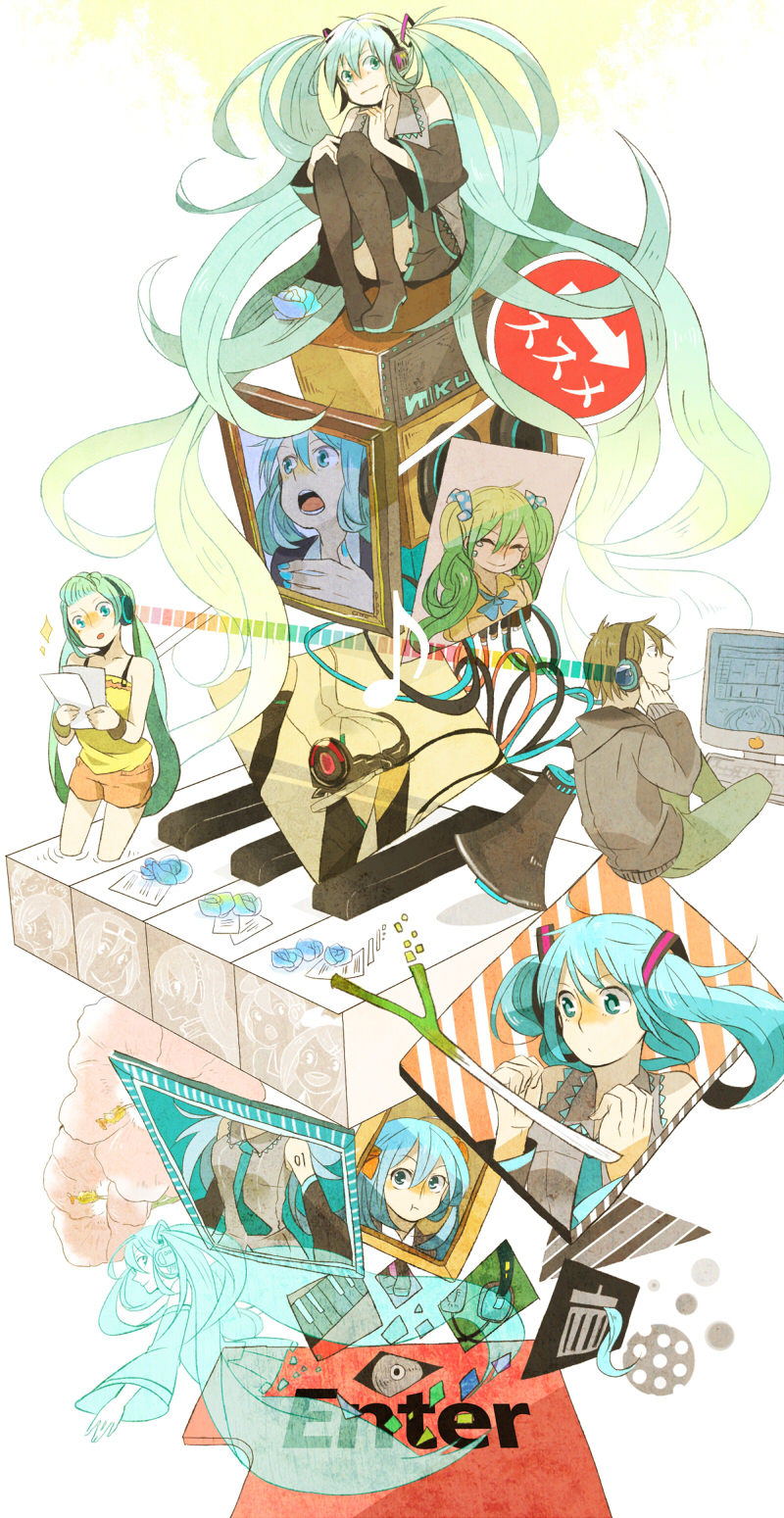 detached_sleeves flower hand_on_headphones hatsune_miku hatsune_miku_(append) headphones highres long_hair makoto0820 megaphone miku_append necktie open_mouth paper piano_keys sitting skirt spring_onion thigh-highs thighhighs twintails very_long_hair vocaloid vocaloid_append