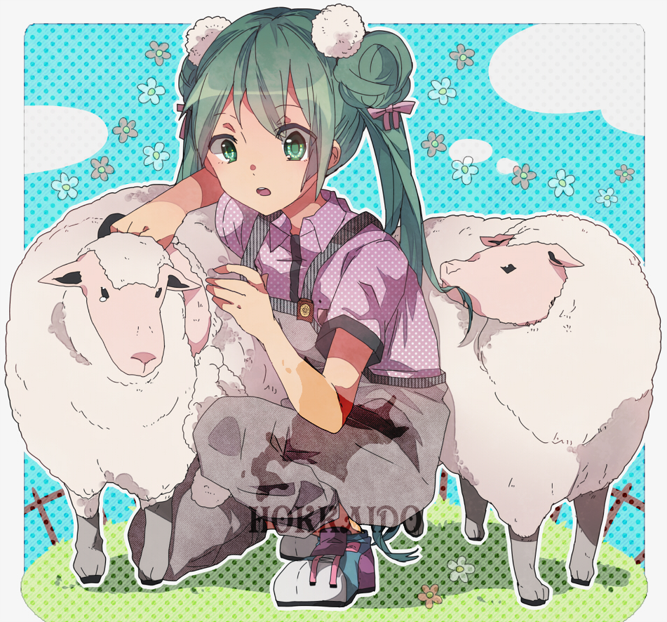 eating_hair green_eyes green_hair hatsune_miku long_hair mari03mo open_mouth overalls sheep solo twintails vocaloid