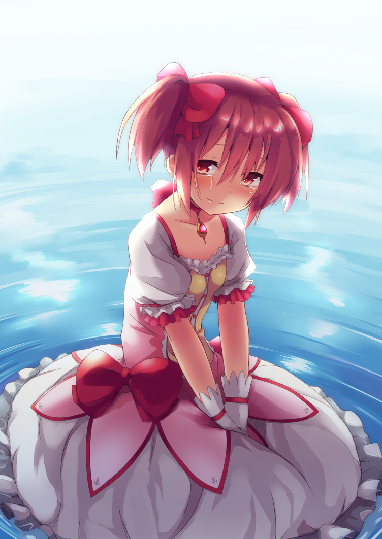 blush bow bubble_skirt choker collarbone crying dress gem gloves hair_bow kaname_madoka looking_at_viewer magical_girl mahou_shoujo_madoka_magica mokoke pink_eyes pink_hair red_eyes short_twintails sitting smile solo tears twintails v_arms water