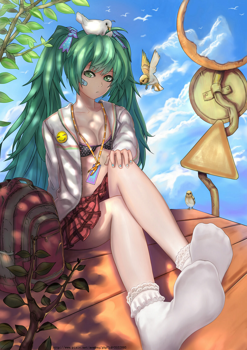 bandaid bird branch breasts cleavage cloud clouds collarbone feet green_eyes hand_on_knee hatsune_miku highres iq2000lb leaf looking_at_viewer nail_polish no_shoes pin sign sitting skirt socks soles unzipped vocaloid
