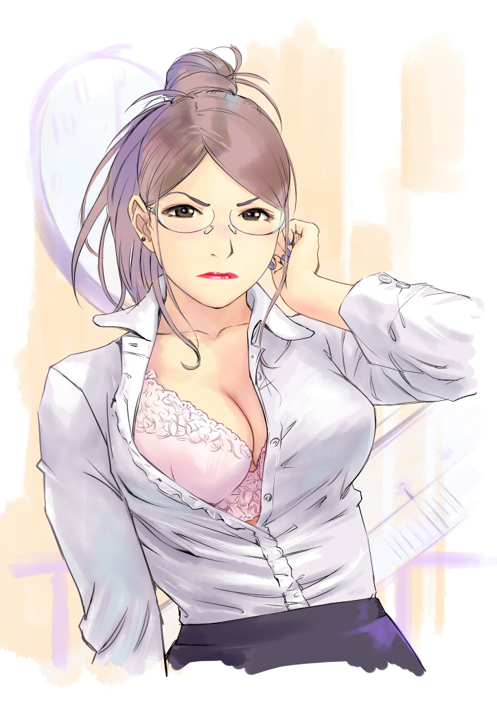 adjusting_hair blouse bra breasts brown_eyes brown_hair carina_(xiaowoo) cleavage copyright_request female frown glasses large_breasts lipstick makeup nail_polish office_lady open_clothes open_shirt ponytail sketch solo underwear
