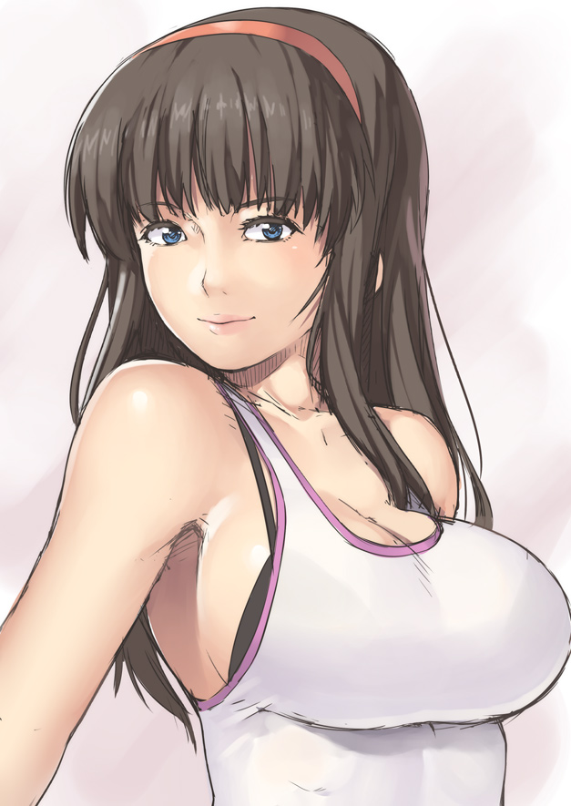 bare_shoulders black_bra blue_eyes bra bra_strap breasts brown_hair cleavage dead_or_alive hairband hitomi impossible_clothes large_breasts lips long_hair nagase_haruhito sideboob smile solo tank_top underwear