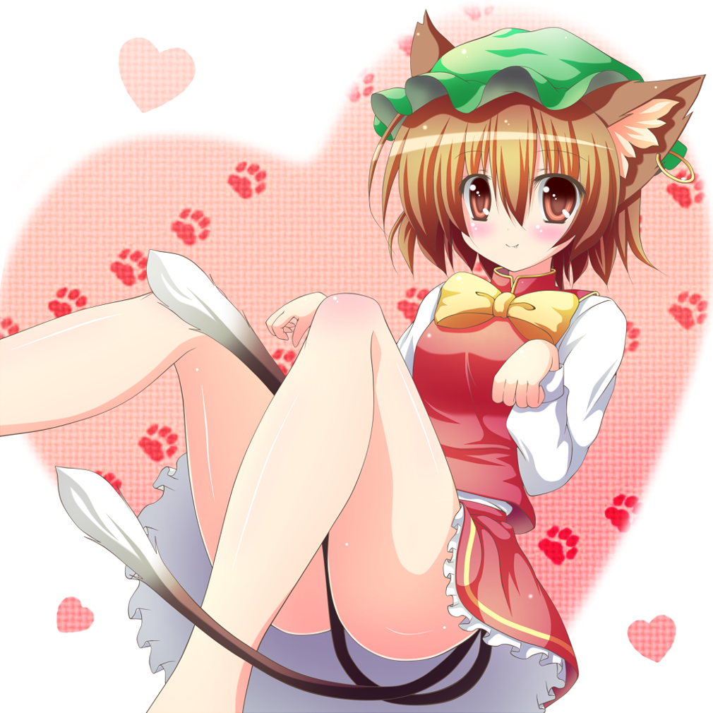 :3 animal_ears between_legs brown_eyes brown_hair cat_ears censored chen convenient_censoring fang legs nekomata osashin_(osada) paw_pose paw_print solo tail tail_between_legs touhou