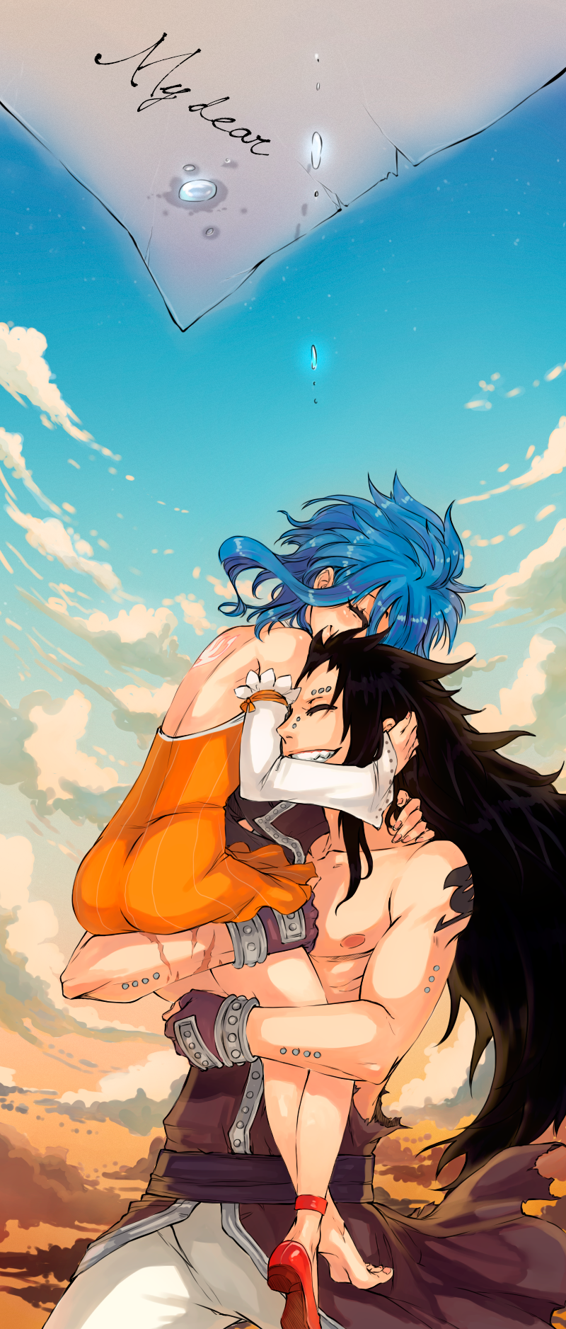 1girl ^_^ bare_shoulders black_hair blue_hair blush carrying closed_eyes couple detached_sleeves english eyes_closed fairy_tail gajeel_redfox grin highres levy_mcgarden long_hair muscle rusky single_shoe smile topless torn_clothes water_drop