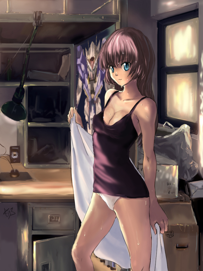 1girl blue_eyes box breasts camisole cardboard_box clare_(543) cleavage computer_mouse drawer dress_shirt gundam gundam_00 gundam_exia mouse panties poster_(object) purple_hair shirt table towel underwear white_panties