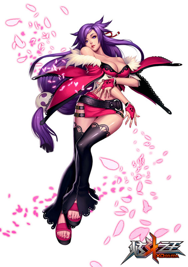 bare_shoulders barefoot_sandals belt breasts character_request cleavage fingerless_gloves gloves large_breasts lipstick long_hair makeup miniskirt mole nail_polish official_art petals pink_nails purple_eyes purple_hair sandals skirt solo thigh-highs thighhighs toenail_polish toes violet_eyes xuan_dou_zhi_wang yin_yang