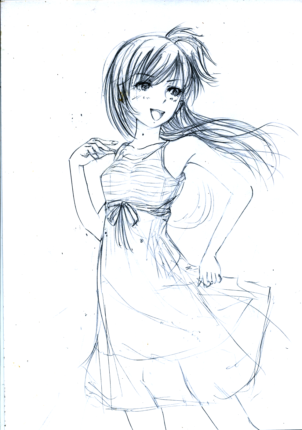 character_request highres ice2002 idolmaster idolmaster_dearly_stars long_hair monochrome open_mouth sakurai_yumeko smile solo traditional_media