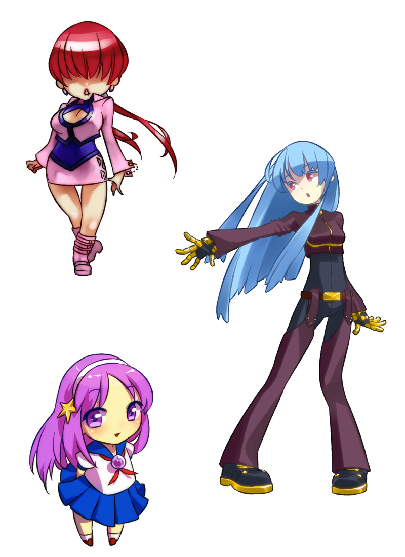 3girls asamiya_athena belt blue_hair breasts chaps chibi cleavage cleavage_cutout cropped_jacket fatal_fury gloves hair_over_eyes hairband kabane king_of_fighters kula_diamond long_hair miniskirt multiple_girls payot ponytail purple_eyes purple_hair red_eyes red_hair redhead school_uniform serafuku shermie skirt thigh_gap violet_eyes