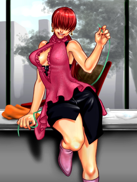 against_wall alternate_costume bare_shoulders breasts casual cleavage cleavage_cutout earrings fatal_fury hair_over_eyes jewelry kabane kabane_(follabi) king_of_fighters large_breasts nail_polish red_hair redhead shermie short_hair skirt smile solo split_ponytail string wide_hips