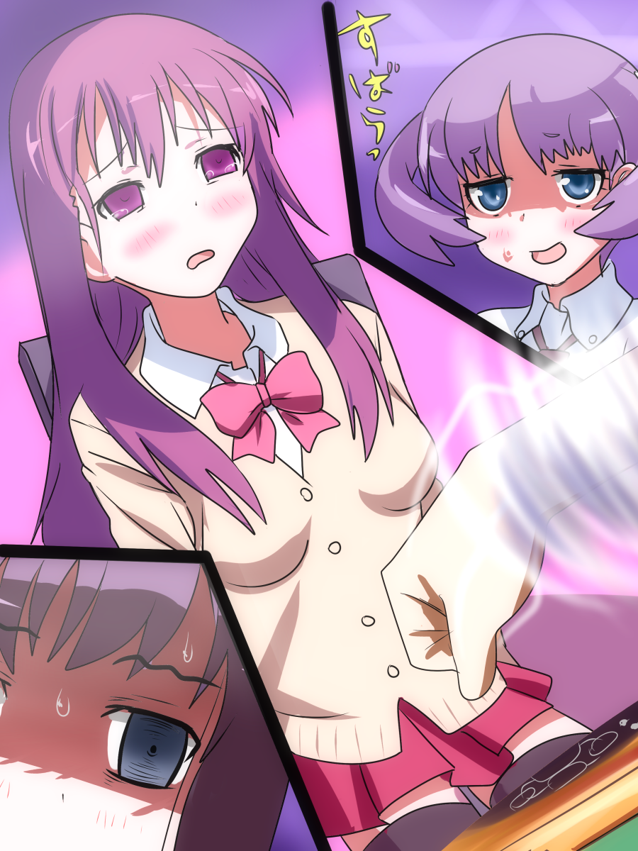 black_eyes black_hair black_legwear blue_eyes blush bowtie cardigan catchphrase chair dress_shirt empty_eyes hanada_kirame highres karuta_(karuta01) long_hair mahjong matsumi_kuro miniskirt miyanaga_teru multiple_girls necktie onjouji_toki open_mouth purple_eyes purple_hair saki saki_achiga-hen school_uniform shirt short_hair short_twintails sitting skirt sweatdrop tears thigh-highs thighhighs twintails violet_eyes white_shirt zettai_ryouiki