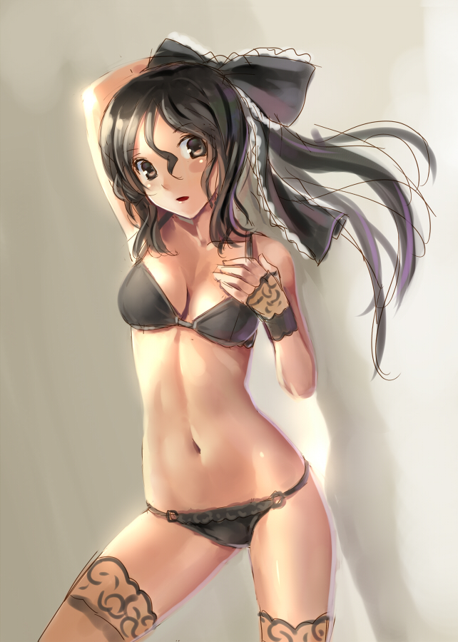 arm_up bare_shoulders black_bra black_eyes black_gloves black_hair black_legwear black_panties bow bra breasts cleavage fingerless_gloves gloves hair_bow katahira_masashi lace lace-trimmed_thighhighs lace_gloves long_hair looking_at_viewer navel o-ring_bottom original panties parted_lips ponytail shiny shiny_skin sketch solo thigh-highs thighhighs underwear