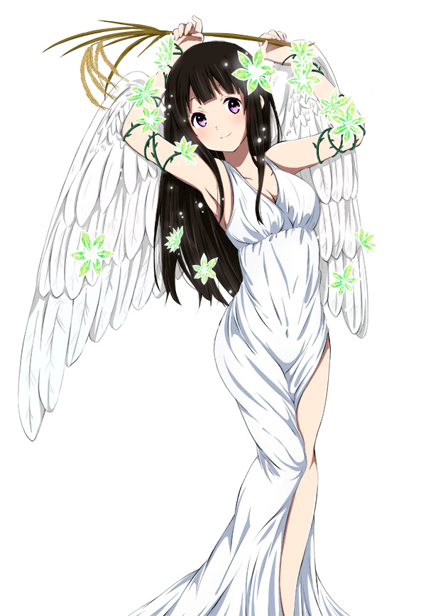 angel angel_wings armpits arms_up black_hair breasts chitanda_eru cleavage dress flower hair_flower hair_ornament holding hyouka long_hair looking_at_viewer pink_eyes ragho_no_erika smile solo wheat white_background white_dress white_wings wings
