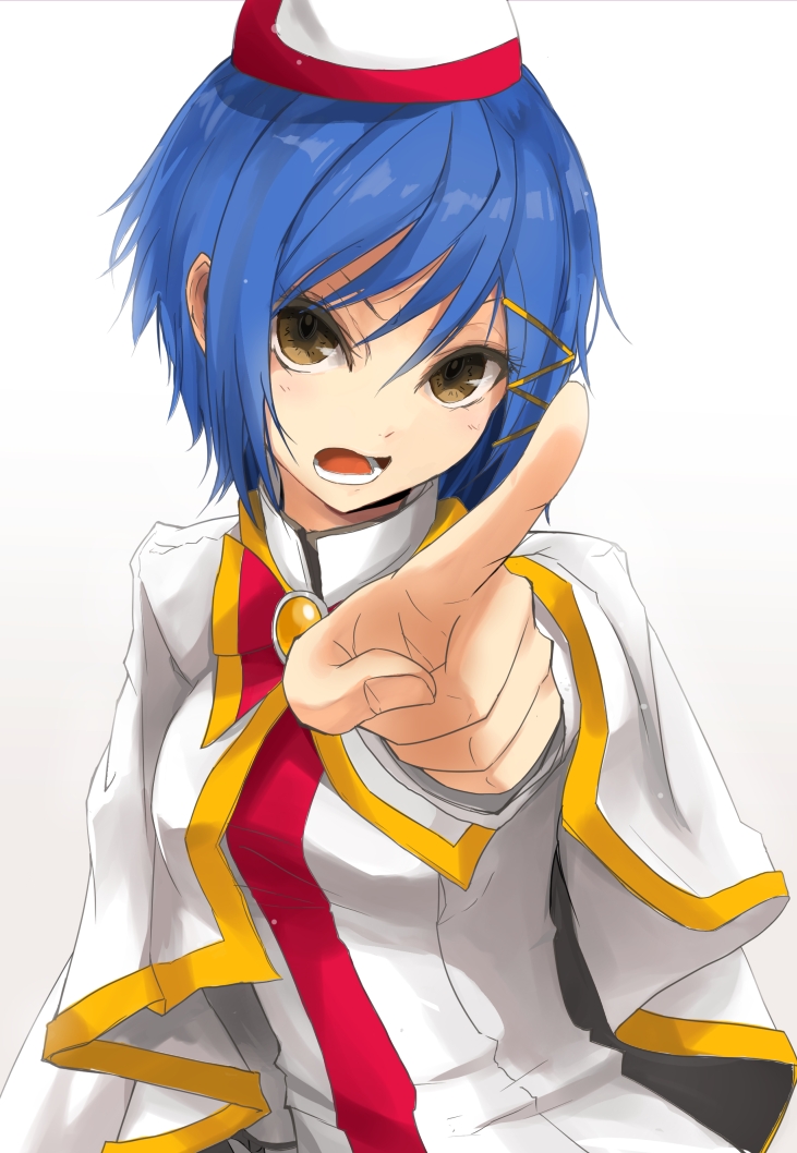 aika_granzchesta angry aria blue_hair bow brown_eyes bust capelet hair_ornament hat index_finger_raised looking_at_viewer miruto_netsuki open_mouth pointing pointing_at_viewer raised_finger short_hair simple_background solo white_background