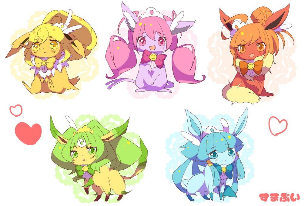 animalization aoki_reika blonde_hair blue_eyes blue_hair blush bow color_connection commentary cure_beauty cure_happy cure_march cure_peace cure_sunny espeon flareon fusion glaceon green_eyes green_hair hair_bun hanasaki_coa heart hino_akane hoshizora_miyuki jolteon kise_yayoi leaf leafeon midorikawa_nao no_humans orange_eyes orange_hair pink_eyes pink_hair pokemon pokemon_(creature) ponytail power_connection precure ribbon smile smile_precure! tail tears tiara twintails vaporeon yellow_eyes