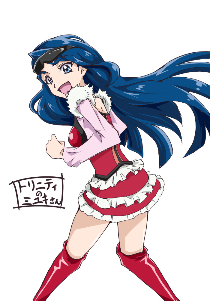 1girl blue_eyes blue_hair boots corset dress fresh_precure! glasses long_hair looking_at_viewer minazuki_karen miyuki_(fresh_precure!) miyuki_(fresh_precure!)_(cosplay) open_mouth pink_dress precure shirt simple_background skirt smile solo sunglasses taroimo_(takesan) thigh-highs thigh_boots white_background yes!_precure_5