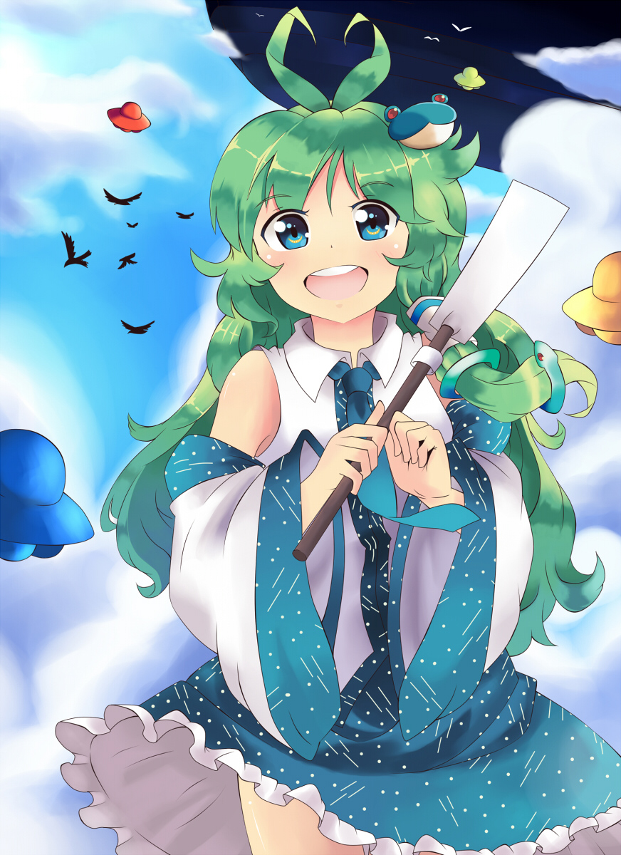 :d ahoge bare_shoulders blue_eyes blue_hair frog_hair_ornament gohei green_hair hair_ornament highres japanese_clothes kochiya_sanae long_hair miko open_mouth smile snake_hair_ornament solo takezaka_tarou touhou ufo