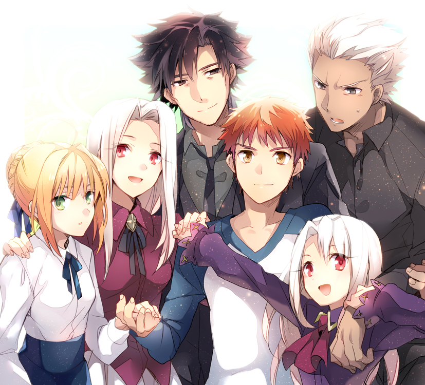 3girls ahoge archer black_eyes black_hair blonde_hair dark_skin emiya_kiritsugu emiya_shirou family fate/stay_night fate/zero fate_(series) green_eyes grey_eyes hair_ribbon illyasviel_von_einzbern irisviel_von_einzbern kuroemon long_hair multiple_boys multiple_girls red_eyes red_hair redhead ribbon saber time_paradox white_hair yellow_eyes