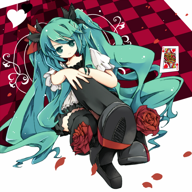 bad_id bondson bracelet checkered checkered_background flower green_eyes green_hair hatsune_miku high_heels jewelry long_hair rose shoes solo thigh-highs thighhighs very_long_hair vocaloid world_is_mine_(vocaloid)