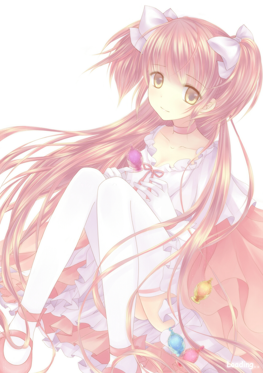 bow capelet choker collarbone goddess_madoka hair_bow highres long_hair mahou_shoujo_madoka_magica pink_hair sitting smile solo soul_gem thigh-highs thighhighs twintails two_side_up ultimate_madoka verjuice very_long_hair white_background white_legwear yellow_eyes