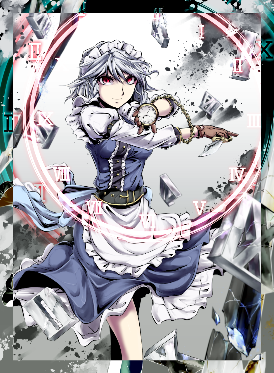 apron belt blue_dress braid brown_gloves clock dress frame gloves highres izayoi_sakuya juliet_sleeves knife long_sleeves looking_at_viewer maid maid_headdress noise-111 pocket_watch puffy_sleeves red_eyes shirt silver_hair smile solo stance touhou twin_braids waist_apron watch