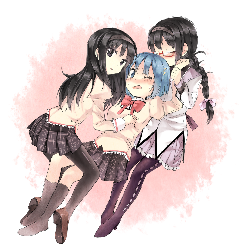 3girls akemi_homura argyle argyle_legwear black_hair blue_eyes blue_hair blush braid clone closed_eyes dddoochi1 dual_persona girl_sandwich glasses hair_ornament hairband hairclip long_hair magical_girl mahou_shoujo_madoka_magica miki_sayaka multiple_girls pantyhose red-framed_glasses sandwiched school_uniform short_hair time_paradox twin_braids violet_eyes wink wrist_grab yuri