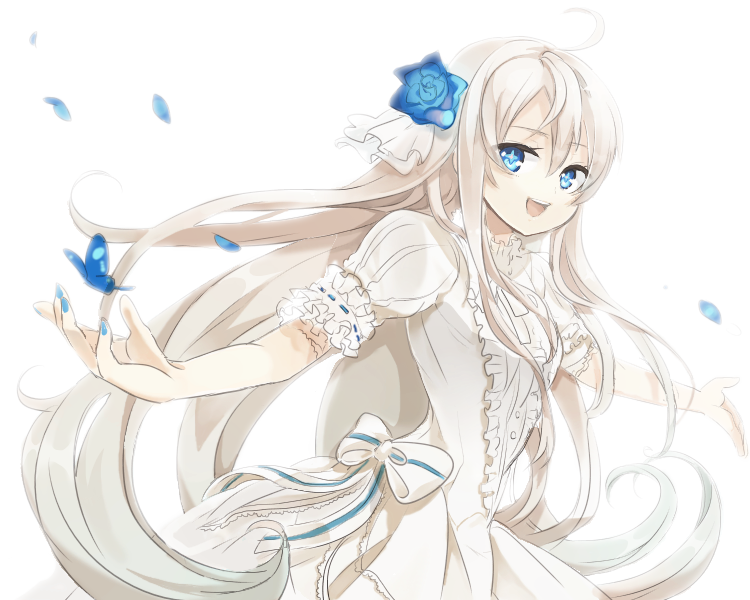 1girl ahoge blonde_hair blue_eyes bow butterfly copyright_request dress flower gebebebebebe hair_between_eyes hair_flower hair_ornament long_hair outstretched_arms petals smile solo spread_arms white_dress