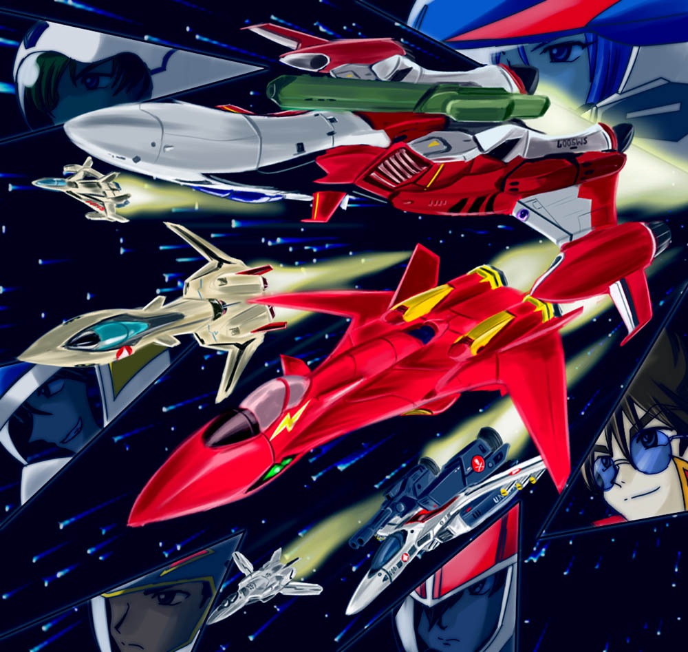 90s airplane canards cannon character_request epic fire_bomber fire_valkyrie fleet flying glasses gunpod helmet ichijou_hikaru isamu_dyson jet kanzaki_hibiki kudou_shin macross macross_2 macross_7 macross_frontier macross_zero mecha missile name_characters negimura_kisara nekki_basara oldschool pilot_suit radiation_symbol s.m.s. saotome_alto science_fiction space spacesuit star_(sky) sunglasses u.n._spacy vf-0 vf-1 vf-19 vf-1_strike vf-1s yf-19 yf-29