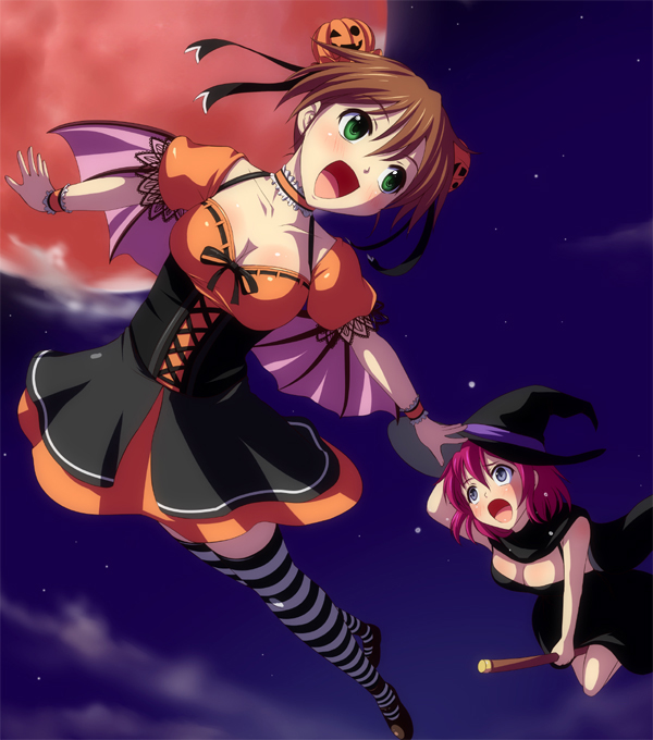 bat_wings blue_eyes blush breasts broom brown_hair bun_cover costume digdug006 double_bun dress green_eyes halloween harumi_minawa hat jack-o'-lantern jack-o'-lantern kanamori_reiko moon multiple_girls night open_mouth pink_hair pumpkin red_moon short_hair skirt smile thigh-highs thighhighs vampire wings witch witch_hat wrestle_angels