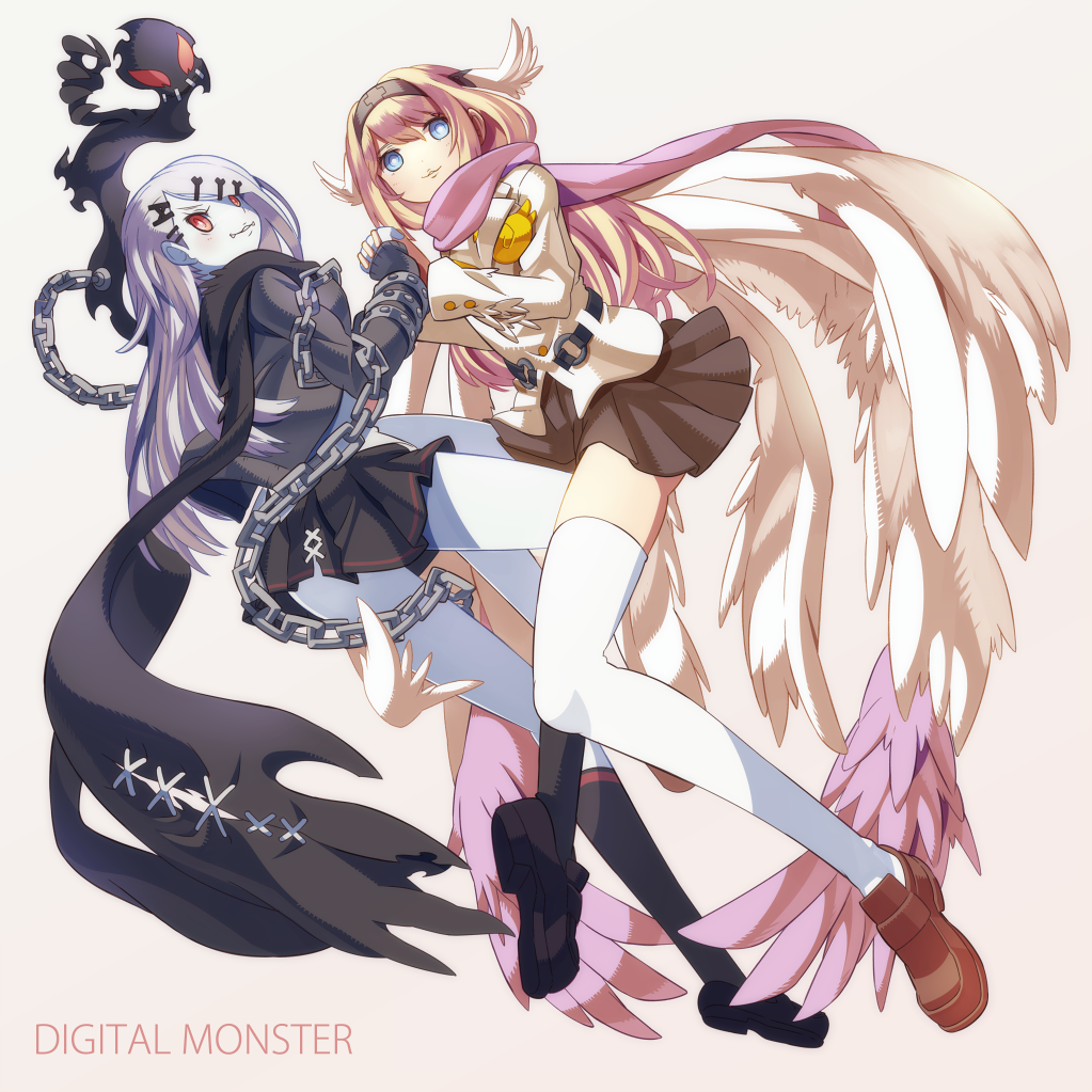 :3 angewomon blonde_hair chain chains digimon digimon_adventure fangs hair_ornament hairpin hajime_(hajime-ill-1st) head_wings headband jacket ladydevimon legs long_hair multiple_wings red_eyes scarf shoes silver_hair skirt thigh-highs thighhighs thighs very_long_hair wings