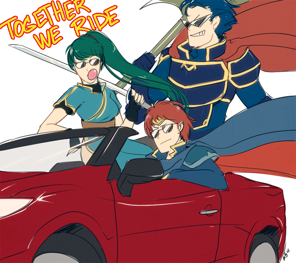 axe breasts car eliwood eliwood_(fire_emblem) fingerless_gloves fire_emblem fire_emblem:_rekka_no_ken gloves hector hector_(fire_emblem) high_ponytail kamina_shades long_hair lyndis_(fire_emblem) motor_vehicle mushisotisis ponytail smile sunglasses sword vehicle weapon