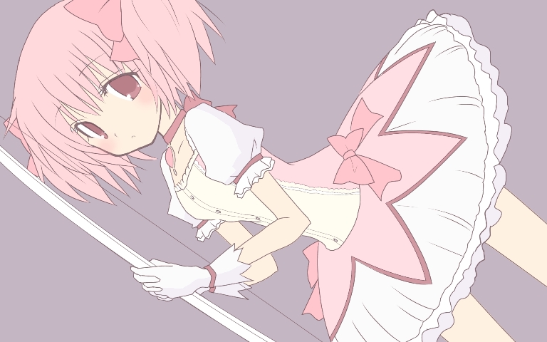 bow bow_(weapon) bubble_skirt dutch_angle gloves kaname_madoka looking_at_viewer magical_girl mahou_shoujo_madoka_magica pink_eyes pink_hair purple_background quro quro_(black_river) short_hair simple_background solo weapon