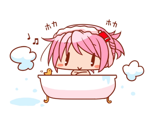 bathing blush_stickers musical_note original pink_hair quro quro_(black_river) simple_background smile solo white_background wide_face wideface