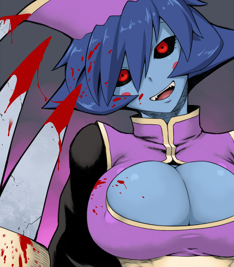 black_sclera blood blue_hair blue_skin breasts claws cleavage fangs hat large_breasts lei_lei open_mouth red_eyes short_hair smile solo tsukudani_(coke-buta) vampire_(game)