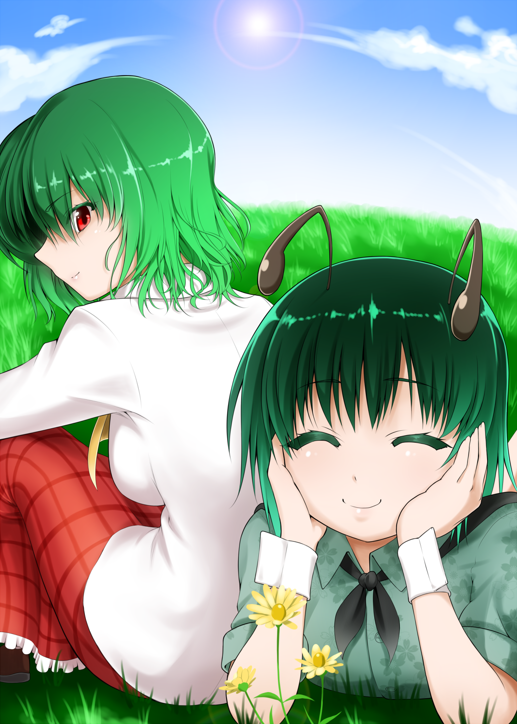 antennae arm_support blue_sky breasts closed_eyes cloud clouds eyes_closed flower grass green_hair highres kazami_yuuka large_breasts long_sleeves lying mattari_yufi multiple_girls neckerchief on_grass on_ground on_stomach red_eyes shirt short_hair short_sleeves sitting skirt sky smile sun touhou wriggle_nightbug wrist_cuffs