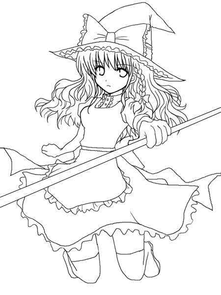 hat kirisame_marisa lineart long_hair looking_at_viewer monochrome quro quro_(black_river) solo touhou witch_hat
