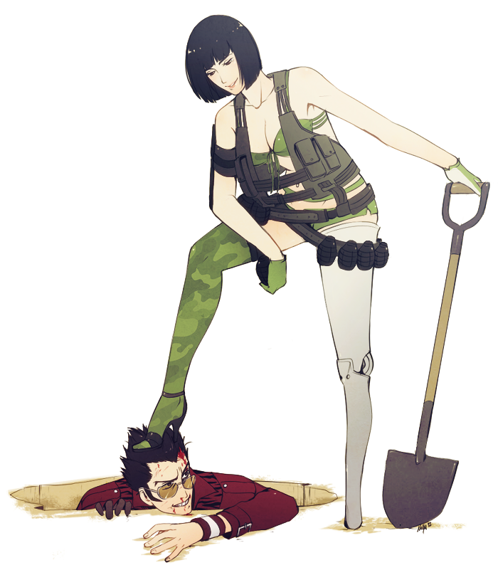1girl black_hair bleeding blood breasts cleavage explosive front-tie_top gloves grenade hole holly_summers mushisotisis no_more_heroes prosthesis prosthetic_leg shovel sunglasses thighhighs travis_touchdown vest worktool