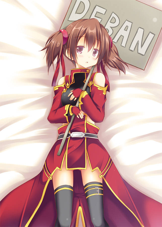 :o akane_souichi bare_shoulders bed_sheet black_legwear blush brown_hair fingerless_gloves gloves looking_at_viewer lying more_deban no_panties on_back placard red_eyes sign silica solo sword_art_online thigh-highs thighhighs twintails