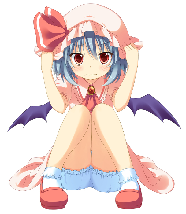 ascot bat_wings bloomers blue_hair blush brooch child cowering dress hands_on_hat hat hat_ribbon hat_tug jewelry knees_together_feet_apart looking_at_viewer mashima_(sumachi) pink_dress red_eyes remilia_scarlet ribbon short_hair short_sleeves sitting solo touhou wavy_mouth wings