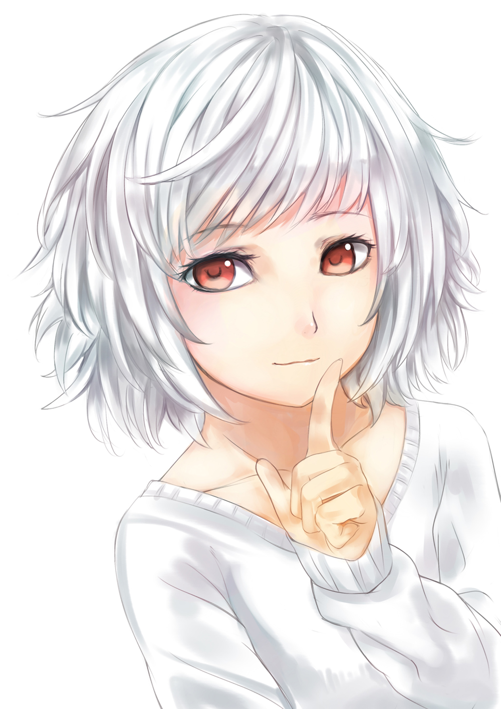 collarbone devildogs finger_to_mouth highres light_smile looking_at_viewer original red_eyes short_hair silver_hair solo white_background