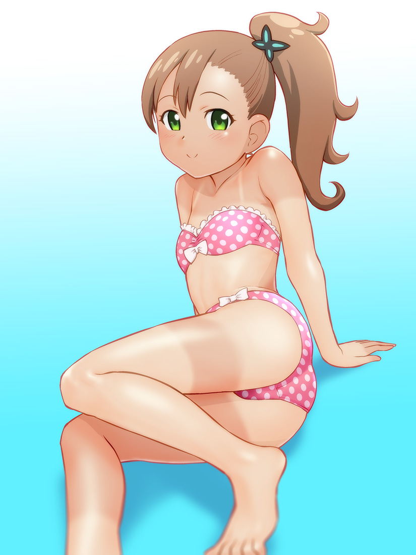 ass bare_shoulders barefoot bikini brown_hair butterfly_hair_ornament chousoku_henkei_gyrozetter flat_chest gradient gradient_background green_eyes hair_ornament inaba_rinne long_hair looking_at_viewer polka_dot polka_dot_bikini polka_dot_swimsuit side_ponytail smile solo swimsuit tan tanline ueyama_michirou