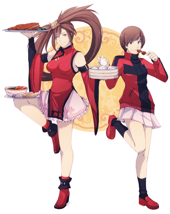 alternate_color balancing bamboo_steamer bowl breasts brown_eyes brown_hair company_connection crossover detached_sleeves eating food guilty_gear hair_ring jacket kuradoberi_jam long_hair meat multiple_girls mushisotisis nikuman persona persona_4 persona_4:_the_ultimate_in_mayonaka_arena pleated_skirt satonaka_chie short_hair skewer skirt smile standing_on_one_leg track_jacket tray twintails very_long_hair wink