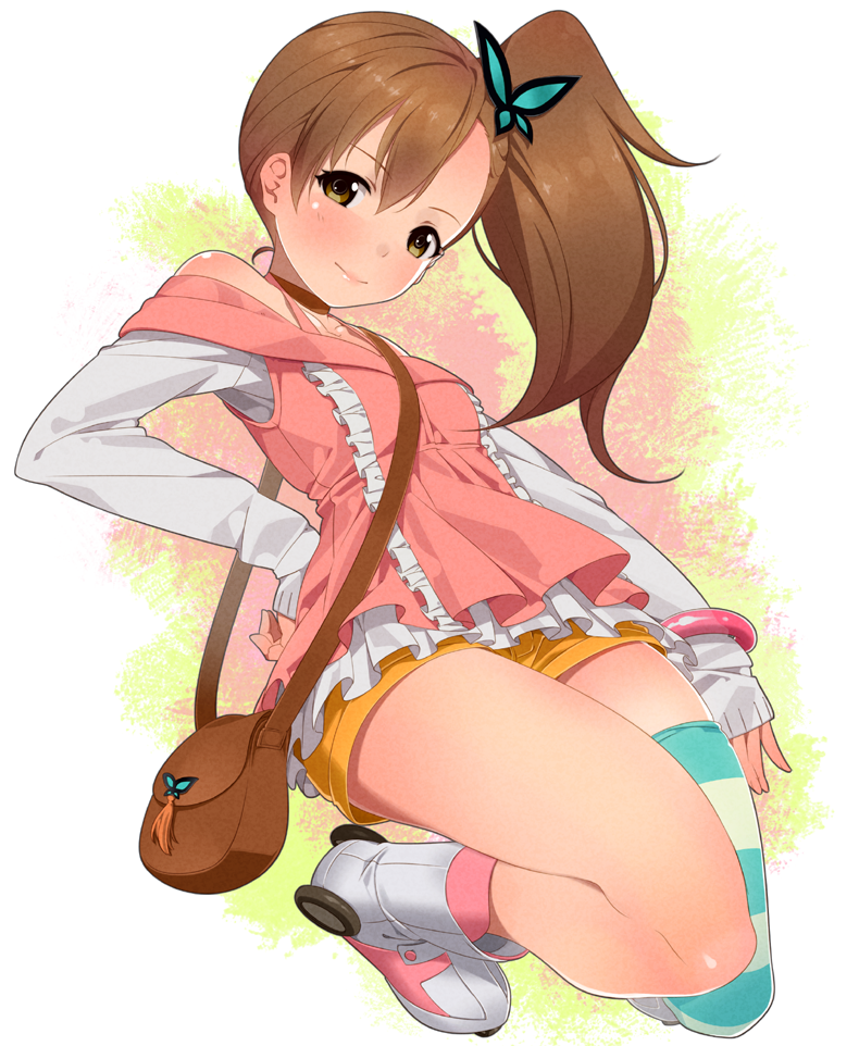 ama_mitsuki bag bare_shoulders blush brown_hair butterfly_hair_ornament chousoku_henkei_gyrozetter collarbone hair_ornament inaba_rinne looking_at_viewer roller_skates short_shorts shorts single_thighhigh skates smile solo striped striped_legwear thigh-highs thighhighs thighs yellow_eyes